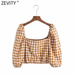 Zevity French Women Vintage Square Collar Plaid Print Short Smock Blouse Female Puff Sleeve Slim Shirt Chic Blusas Tops LS9159 210603