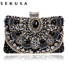 SEKUSA Sale Small Beaded Clutch Purse Elegant Black Evening Bags Wedding Party Handbag Metal Chain Shoulder 210823