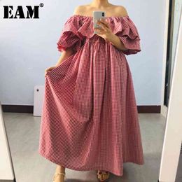 [EAM] Women Ruffles Plaid Split Big Size Dress Slash Neck Half Sleeve Loose Fit Fashion Spring Summer 1T202 21512