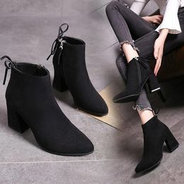 Boots Woman Pointed Toe Ankle High Heel Shoes Plus Size Square Fashion Zipper 2021 Party Shoes34-43