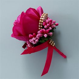 wholesale flower pins Canada - White Red Man corsage for Groom groomsman silk rose flower Wedding suit Boutonnieres accessories pin brooch decoration supplies 519 V2