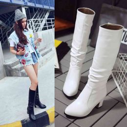 2021 Knee High Women Boots Round Toe Pu Short Plush Footwear High Heels Female Boots Black White Plus Size 33-43 Y1125