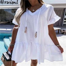 Arrival Woman Dress V-neck Short-sleeved Ruched Fashion Solid Colour Casual Simple Style Ruffles es for Women 210513