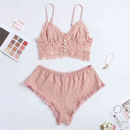 Lace Pajamas Set Ruffle Cami Crop Top With Shorts Sexy Lingerie Casual Loungewear Nightwear 210830