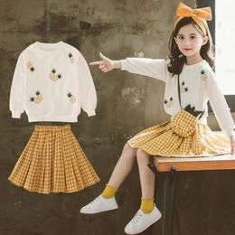 Autumn Kids Girls Clothes Set Pineapple Pattern Sweater + Plaid Ball Gown Dress 2pcs Long Sleeve Clothing Sets X0902
