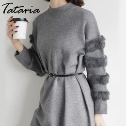 Long Sweater Dress Women Loose Real Rabbit Fur Pull Femme s And Pullovers Knitted Dresses For Winter 210514