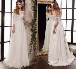 Elegant Wedding Dresses 2021 Three Quarter Sleeves Bridal Gowns with Beading Sashes Top Lace Chiffon Vestido De Noiva