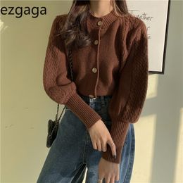 Ezgaga Sweater Women Autumn Winter New Long Puff Sleeve Solid Loose Ladies Knitted Cardigan Outwear Tender Tops Casual 210430