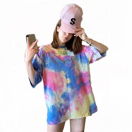 Tie Dye T-shirt Women Summer Fashion Ccasual Loose Plus Size M-2XL Mid-length Round Neck Short Sleeved Top Female LR1231 210531