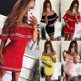 Off Shoulder Slash Neck Sexy Autumn Party Dress Striped Ruffles Short Sleeve Summer Dress Women Plus Size Casual Beach Vestidos 210331