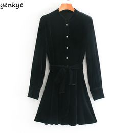 Fall Women Vintage Black Velvet Dress Long Sleeve Lapel Collar With Belt A-line Autumn Winter Vestidos Short 210514