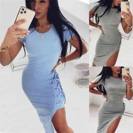 Sexy Women Dress Summer Solid O-Neck Short Sleeve Corn Eyes Cross Bandage Package Hip Dress Lady Side Split Bodycon Midi Dresses 210507