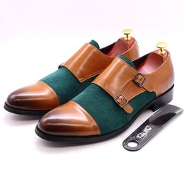 Monk Strap Shoes for Men Double Buckles Genuine Leather Suede Basic Shoes Wedding Business Dress Mens Shoes Green Brown