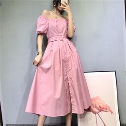Women Pink Pleated Single Breasted Sashes Robe Dress square collar short puff Sleeve Loose Fashion Summer 16W874 210510