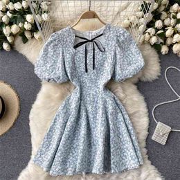 High Quality Summer Casual Women Bow Floral Print Lace Dress Vintage Female Puff Sleeve Slim Beach Party Robe Vestidos 210514