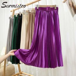 SURMIITRO Summer Midi Long Pleated Skirt Women Korean Style Shinny Satin Mid-Length High Waist Skirt Female With Belt 210712