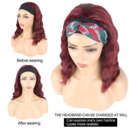 InstyleFashion Short Water Wave Bob Headband Wig Synthetic Womens Wigs Short Wavy Brown Half Hair Wigs with Headband Gluelessfactory direct