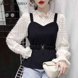 Kimutomo Casual Fake Two Piece Panelled Blouse Women Spring Lace Patchwork Female Stand Collar Lantern Sleeve Wild Tops 210521