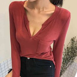 sexy v neck Summer Spring women Casual Shirt Femme Tees Cotton top basic Thin long sleeve female tops joker 210417