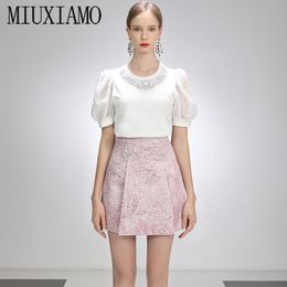 Skirts MIUXIMAO Summer Women Skirt 2021High Waist Stitching Jacquard Pink Flower Cute Sweet Girls Dance Mini Vestido