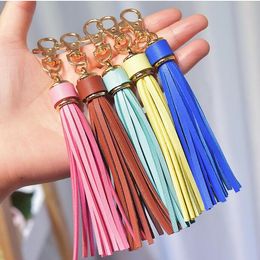 Tassel Keyring Rainbow Colored 15mm Leather Gold Keychains Bag Charm Fashion Car Key Chain 22 colors to choose