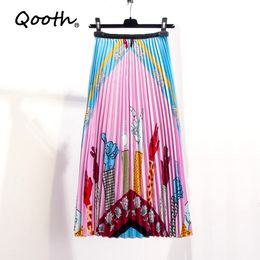 Qooth Women's Long Skirt Summer Skirts Spring Luxury Carton Print Pleated Skirt High Waist Floral Vestidos Saia QH1744 210518