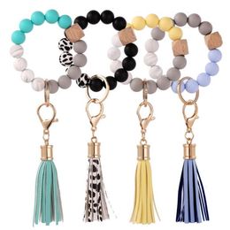 Tassels Wood Bead Keychain Silicone Beads Bracelet Party Favor Leather Key Ring Food Grade Silicon Wrist Keychains Pendant Fashion SN4451