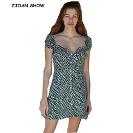 Summer Retro Green Small Flower Print Mini Dress Short Sleeve Square neck Single-breasted button Slim Dresses 210429