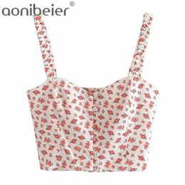 Flowers Print Summer Sleeveless Fashion Straps Shirred Back Button Front Women Slim Cami Crop Tops Female Camisole 210604