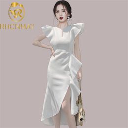 Korea Summer High Quality Design Three-Dimensional Ruffled Irregular Hem Slim Bag Hip V-Neck Sleeveless Dress Ladies 210506