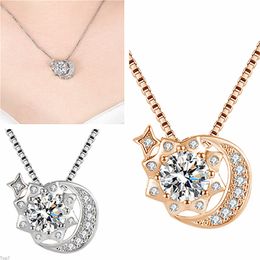 Crystal Womens Necklaces Pendant 925 Silver Plated female clavicle chain bright star Moon Star gold