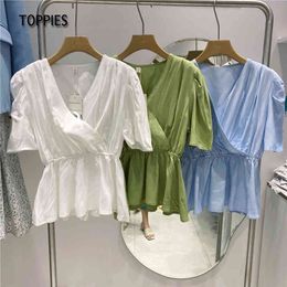 Toppies Woman Blouses Tops Summer Short Sleeve Peplum Tops Sexy V-neck Slim Blouses 210412