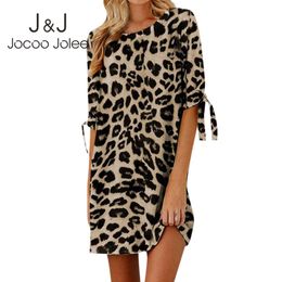 Jocoo Jolee Leopard Lace Up Half Sleeve Printing Vintage Women Office Lady O-Neck Summer Sexy Casual Mini Dress Skinny Basic 210518