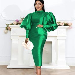 -Vestidos Casuais Plus Size Party para Mulheres 2021 Moda Buff Manga Sólida Vestidos De Noite Elegante Vestido Feminino Verde Roupas Africanas