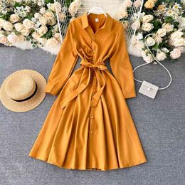 Autumn Fashion Pleated Lace-up High Waist Slim Elegant Dress for Women Long Sleeve Single Breasted Vestidos N443 210527