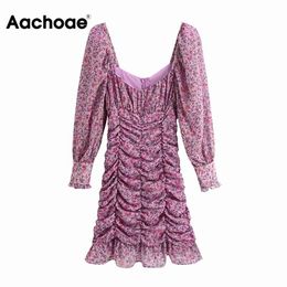 Aachoae Women Vintage Floral Print Bodycon Mini Dresses Ruffled Long Sleeve Chiffon Party Dress Female Chic V Neck Pleated Dress 210413