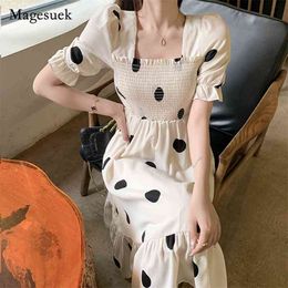 Korean Style Vintage Short Sleeve Summer Dress Women Square Collar Polka Dot Long Female Casual es Vestidos 14105 210512