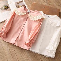 Spring Autumn 2 3 4 6 8 10 Years Kids Baby Long Trumpet Sleeve Solid Colour Lace Doll Collar Cotton Blouse Shirts For Girls 210701