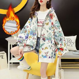Casual Floral Print Hoodies With Zipper Women Sweatshirts Korean Autumn Winter Oversized Hooded Hoodies Outerwear Plus Size 210412