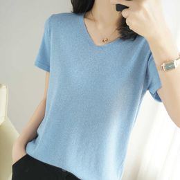 2021 summer new ice silk short-sleeved T-shirt female V-neck half-sleeved sweater plus size knitted thin T-shirt Y0629
