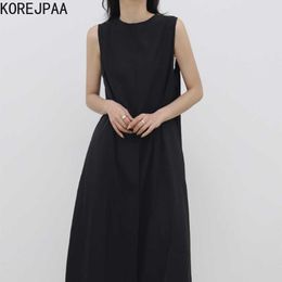 Korean fashion chic summer retro solid Colour round neck loose solid Colour irregular vest split dress long skirt women 210526