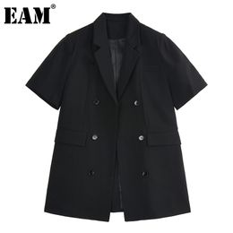 [EAM] Women Black Pocket Big Size Casual Blazer Lapel Short Sleeve Loose Fit Jacket Fashion Spring Summer 1DD7872 210512
