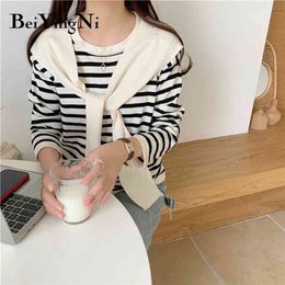 Fake Two-piece Shawl Sweaters Women Autumn Winter Striped Vintage Loose Long Sleeve Knitted Tops Female Shirts Jumpers 210506