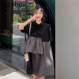 Korobov Korean Preppy Style Women Dress Hit Color Patchwork Irregular Ruffles Dresses Summer Short Sleeve Kawaii Vestidos Mujer 210430