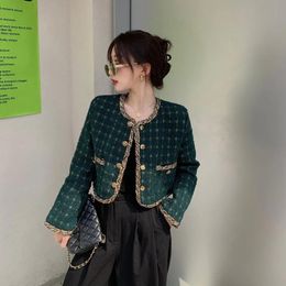 Women's Jackets Vintage Green Plaid Tweed Cropped Jacket Women Fall Elegant Single Breasted Short Coat Gold Line Design Long Sleeve Outerwea