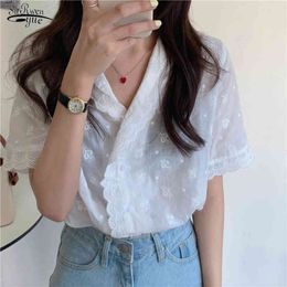 Summer Korean Sweet Lace Hollow Out Embroidered Shirt Vintage Short Sleeve Women's V-neck Solid Ladies Tops 14033 210521