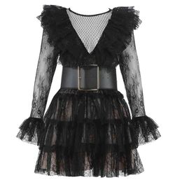 Summer Dress Sexy Transparent Lace Mesh Women Ruffles Casual Black Vestido 210515