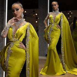 Arabia Aso Ebi Mermaid Evening Dress with Wrap Satin Prom Gowns Pleat Lace Sequins Runway Slim Sexy Party Dresses