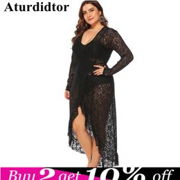 Plus Size 4XL Asymmetrical Black Lace Cover Up Dress Long Sleeves High Low Hem Sexy Sheer CoverUp Solid Beach Wear XXXL Sarongs