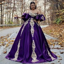 Traditional Morrocan Purple Evening Dresses 2022 Kaftan Dubai Arabic Evening Gowns With Applique Off Shoulder Prom Dress Robe De Soirée Mariage